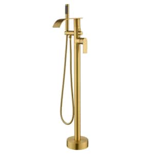 Single-Handle Freestanding Floor Mounted Tub Faucet with High Flow Waterfall Spout and Hand Shower in Brushed Gold