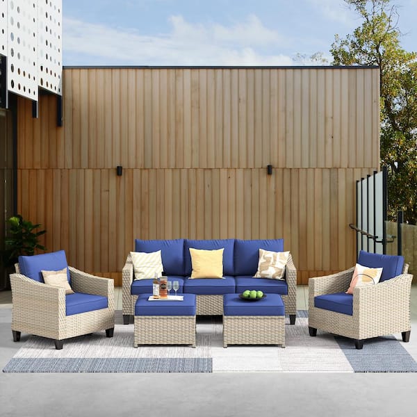 HOOOWOOO Oconee Beige 5-Piece Beautiful Outdoor Patio Conversation Sofa Seating Set with Navy Blue Cushions