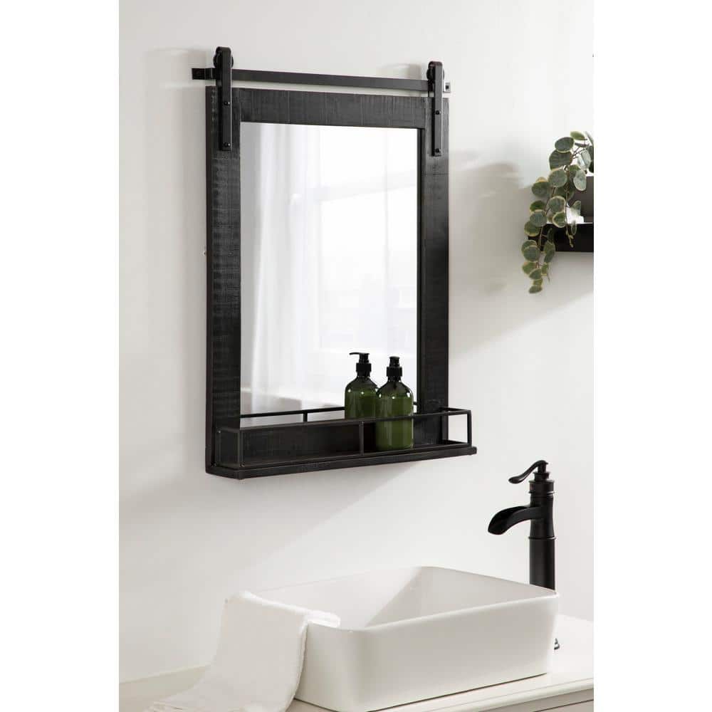 Cates 24" x 31" Rustic Black Wood Wall Mirror with Shelf