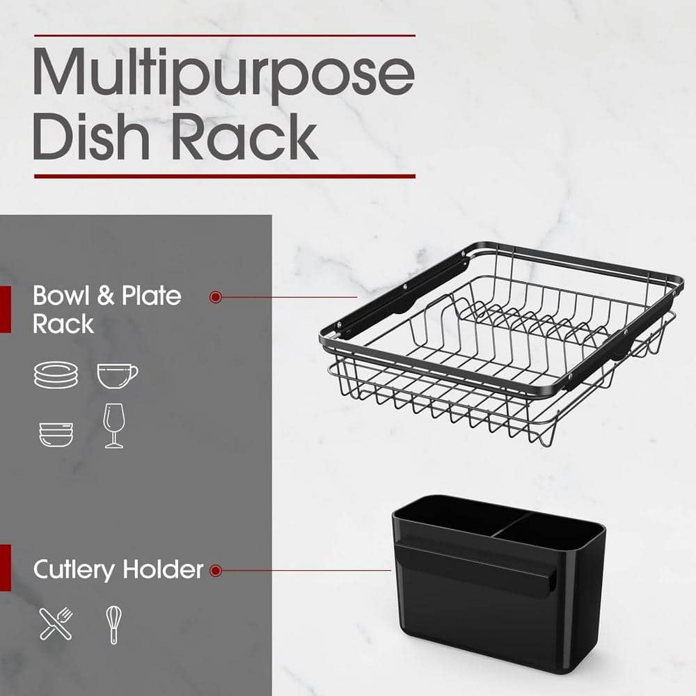 Black Stainless Steel Expandable Dish Drying Rack with Utensil Cup