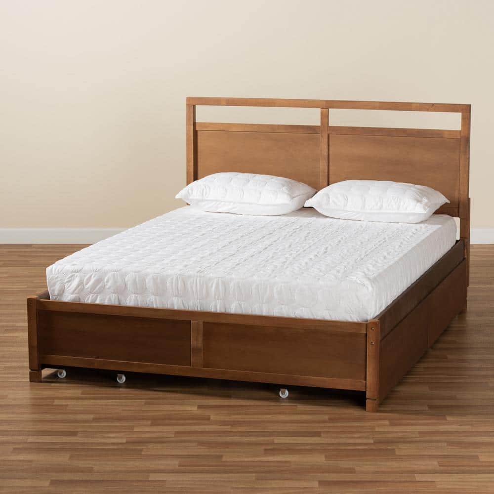 Walnut Brown Full Size Wood Storage Bed with Tufted Upholstery