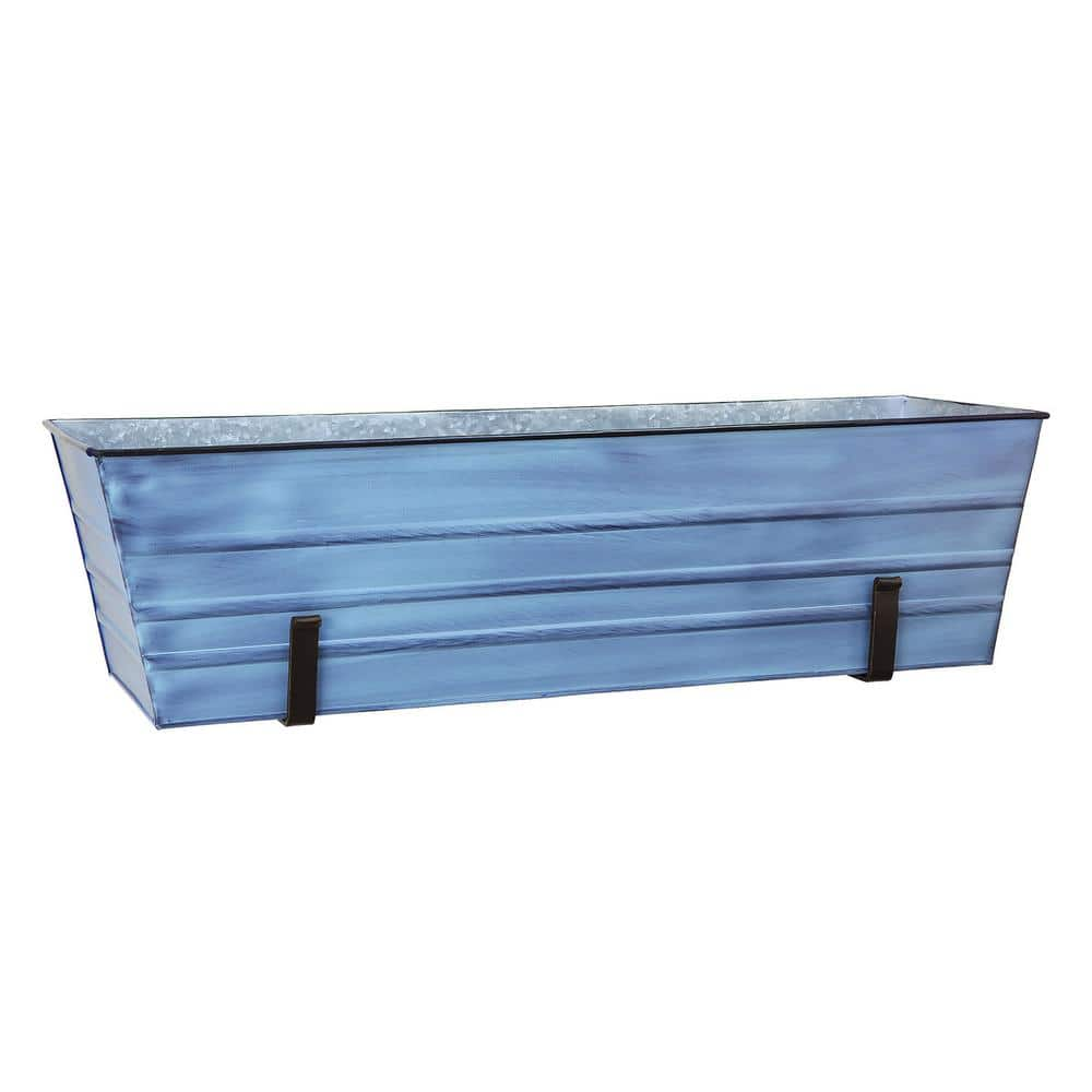 ACHLA DESIGNS 35.25 in. W Nantucket Blue Large Galvanized Steel Flower Box Planter With Wall Brackets