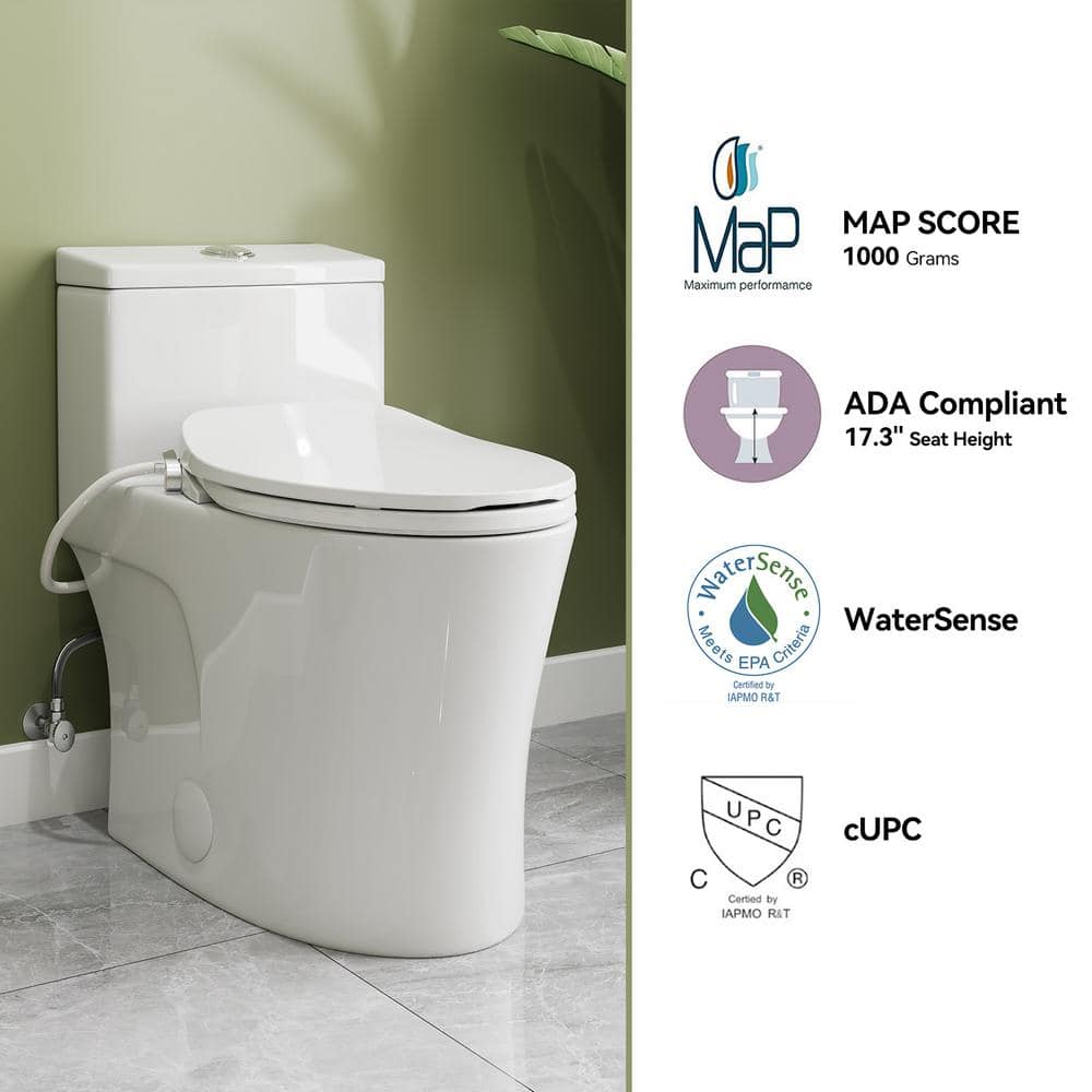 White Porcelain Elongated Dual Flush ADA Toilet with Bidet Seat