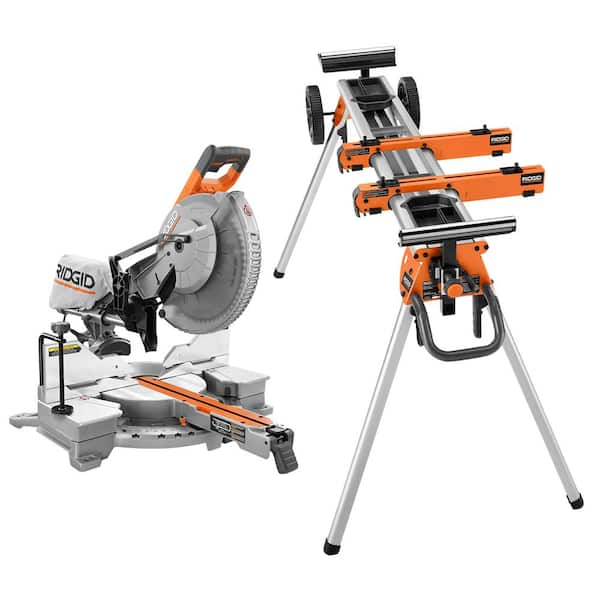 RIDGID 15 Amp 12 in. Corded Dual Bevel Sliding Miter Saw with 70 Deg. Miter Capacity with Professional Compact Miter Saw Stand