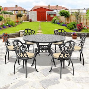 Lily Black 7-Piece Cast Aluminum Outdoor Dining Set with Round Table and Dining Chairs with Random Color Cushion