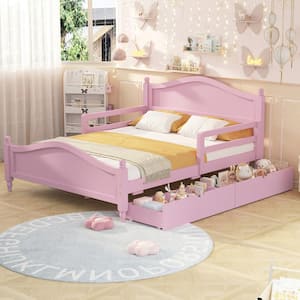 Pink Wood Frame Full Size Platform Bed with 2 Drawers and Guardrails