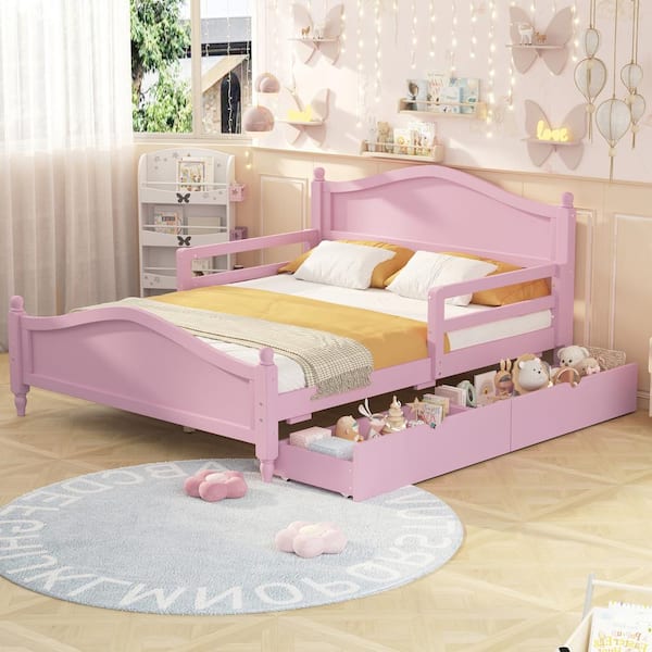 Harper & Bright Designs Pink Wood Frame Full Size Platform Bed with 2 Drawers and Guardrails