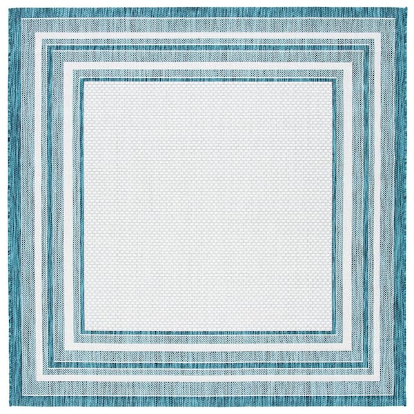 Courtyard Ivory/Teal 10 ft. x 10 ft. Solid Color Striped Indoor/Outdoor Square Area Rug