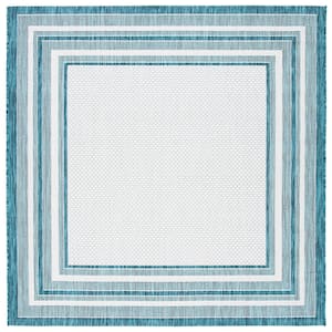 Courtyard Ivory/Teal 7 ft. x 7 ft. Solid Striped Indoor/Outdoor Patio  Square Area Rug