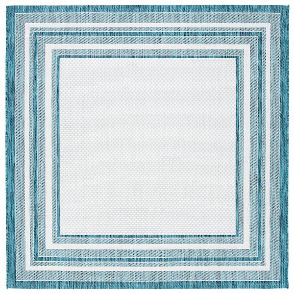 SAFAVIEH Courtyard Ivory/Teal 7 ft. x 7 ft. Solid Striped Indoor/Outdoor Patio  Square Area Rug