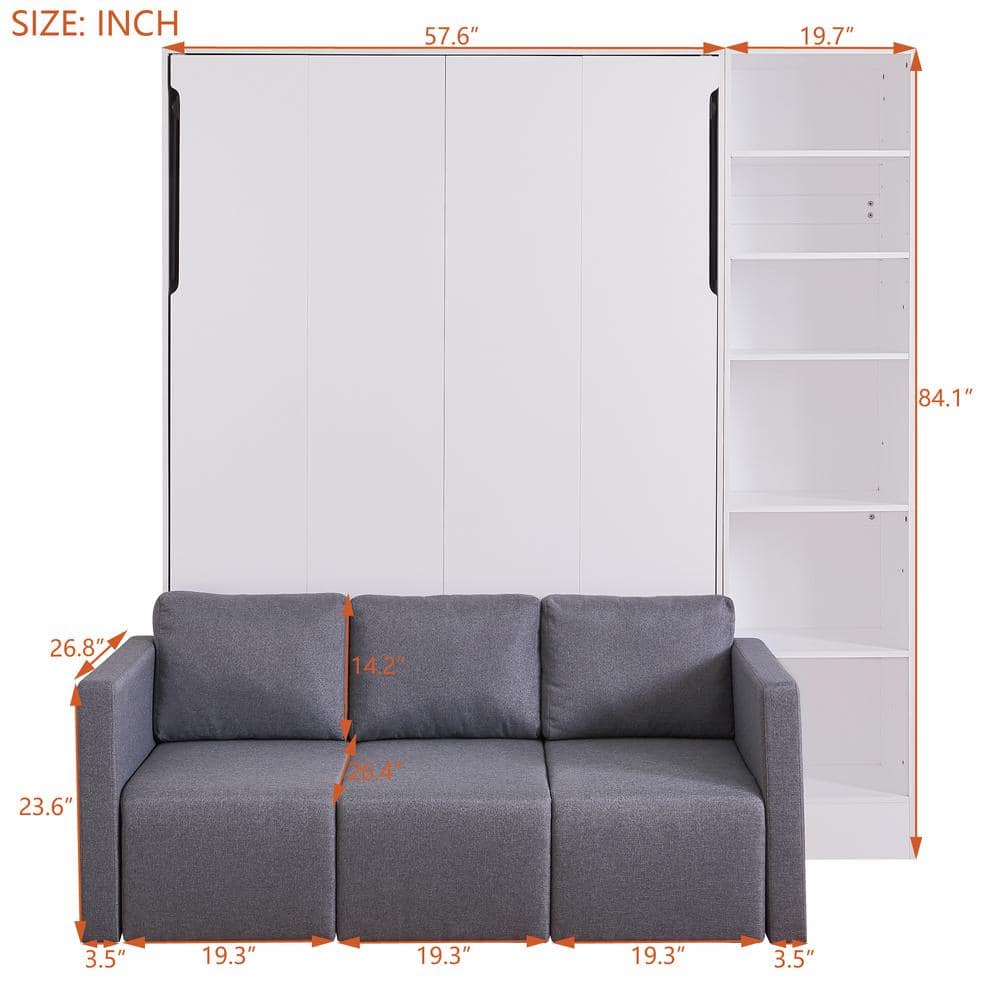 White Wood Frame Full Murphy Bed Wall Bed with Sofa and Storage Shelves - thumbnail 7