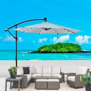 10 ft. Steel Cantilever Outdoor Patio Umbrella Solar Powered LED Patio Umbrella Shade with Crank in Blue Striped