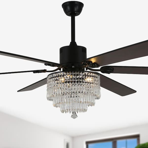 Bella Depot Luxflow 65 in. Indoor Matte Black Luxury Crystal Caged Ceiling Fan with Light Kit, Reversible Ceiling Fan with Remote