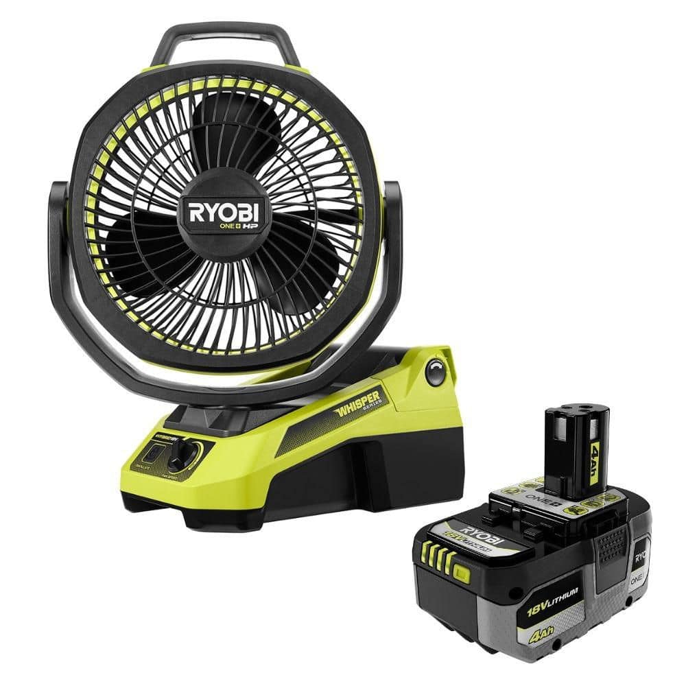 RYOBI ONE+ 18V Cordless Hybrid WHISPER SERIES 9 in. Oscillating Fan with ONE+ 18V 4.0 Ah Battery (PBLHF01PBP004)