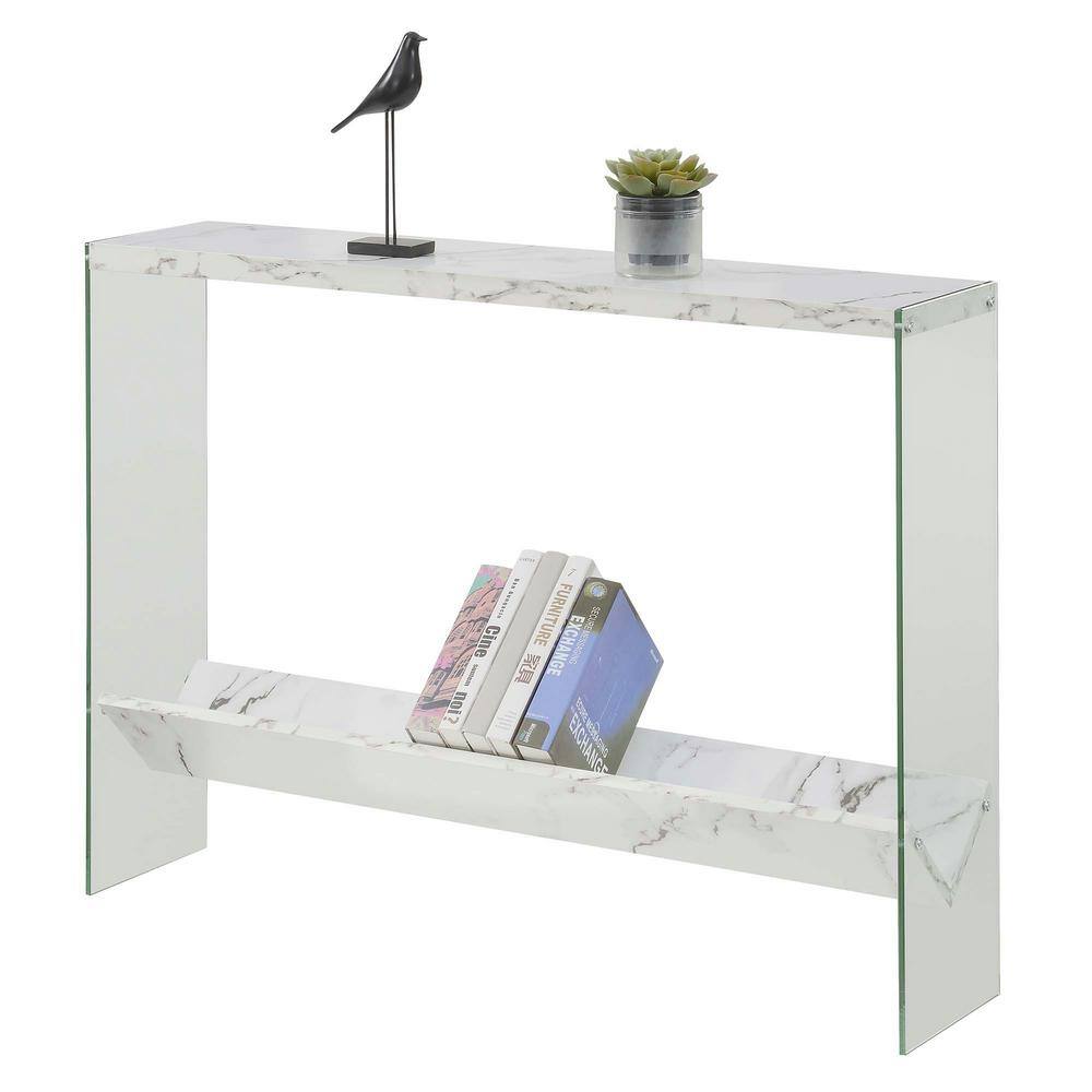 White Faux Marble and Glass Console Table with Storage Shelf