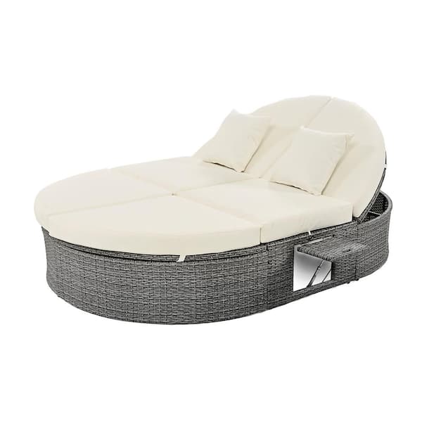 myhomore Patio Sun Bed Gray of 1-Piece Wicker Outdoor Chaise Lounge 2-Person with Adjustable Backrests and Beige Cushions