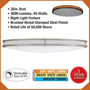 32 in. Oval Orbit LED Flush Mount Brushed Nickel Ceiling Light Night Light Feature 3000 Lumen 4000K 5000K 5000K (4-Pack)