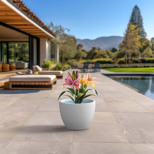 17.5 in. Large Crisp White (Enhanced Interior) Concrete Round Planter / Pot with Drainage Holes