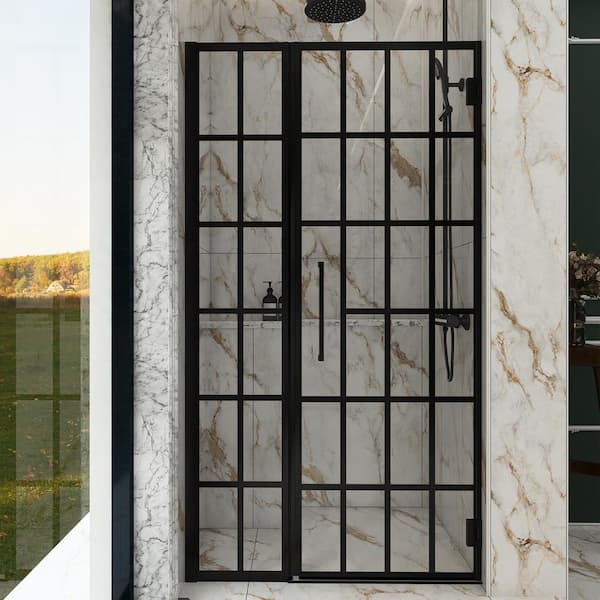 34 in. W x 72 in. H Pivot Frameless Shower Door in Matte Black Finish with Clear Glass