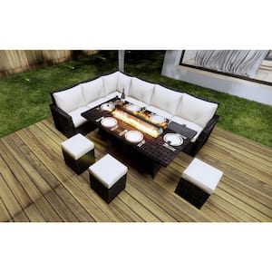 Amy 8-Piece Wicker Patio Fire Pit Conversation Sofa Set with Beige Cushions