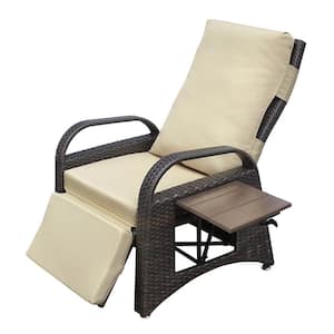 Adjustable Casual Recliner Chair PE Wicker Outdoor Lounge Chair with Build-In Table, Pedalto, Removable Khaki Cushion