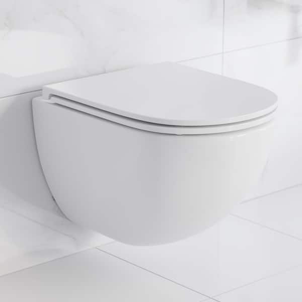 St. Tropez Wall-Hung Toilet, Round, 3-Piece Bundle 0.8/1.6 GPF Dual Flush in Glossy White with Brass Flush Plate