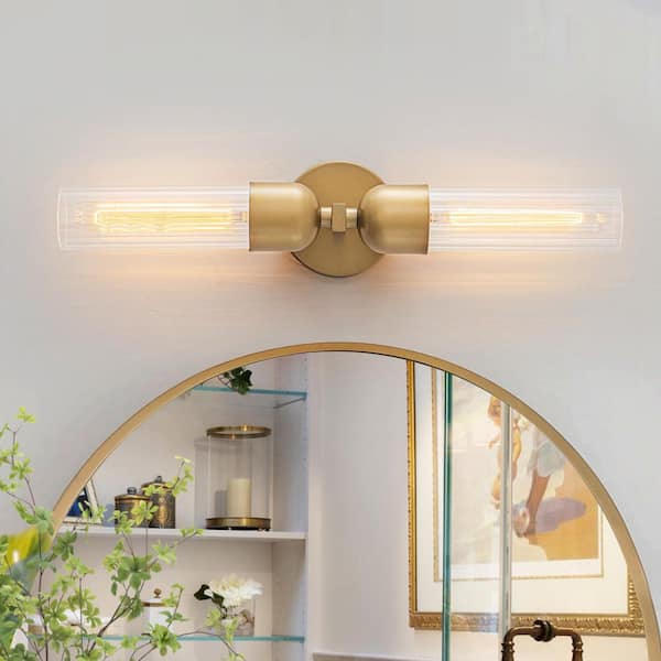 Bathroom Vanity Light 23.43 in. 2-Light Cylinder Brass Wall Sconce with Ribbed Glass Shades