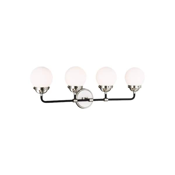 Generation Lighting Cafe 30 in. W 4-Light Brushed Nickel Vanity Light with Etched/White Glass Shades and Matte Black Frame Accents