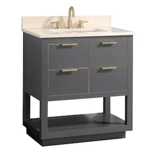 Allie 31 in. Single Sink Twilight Gray with Gold Trim Bath Vanity with Crema Marfil Marble Top