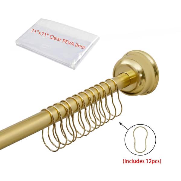 72 in. Aluminum Rustproof Adjustable Wall Mounted Single Curved Shower Rod, with Shower Rings and Shower Liner, Gold
