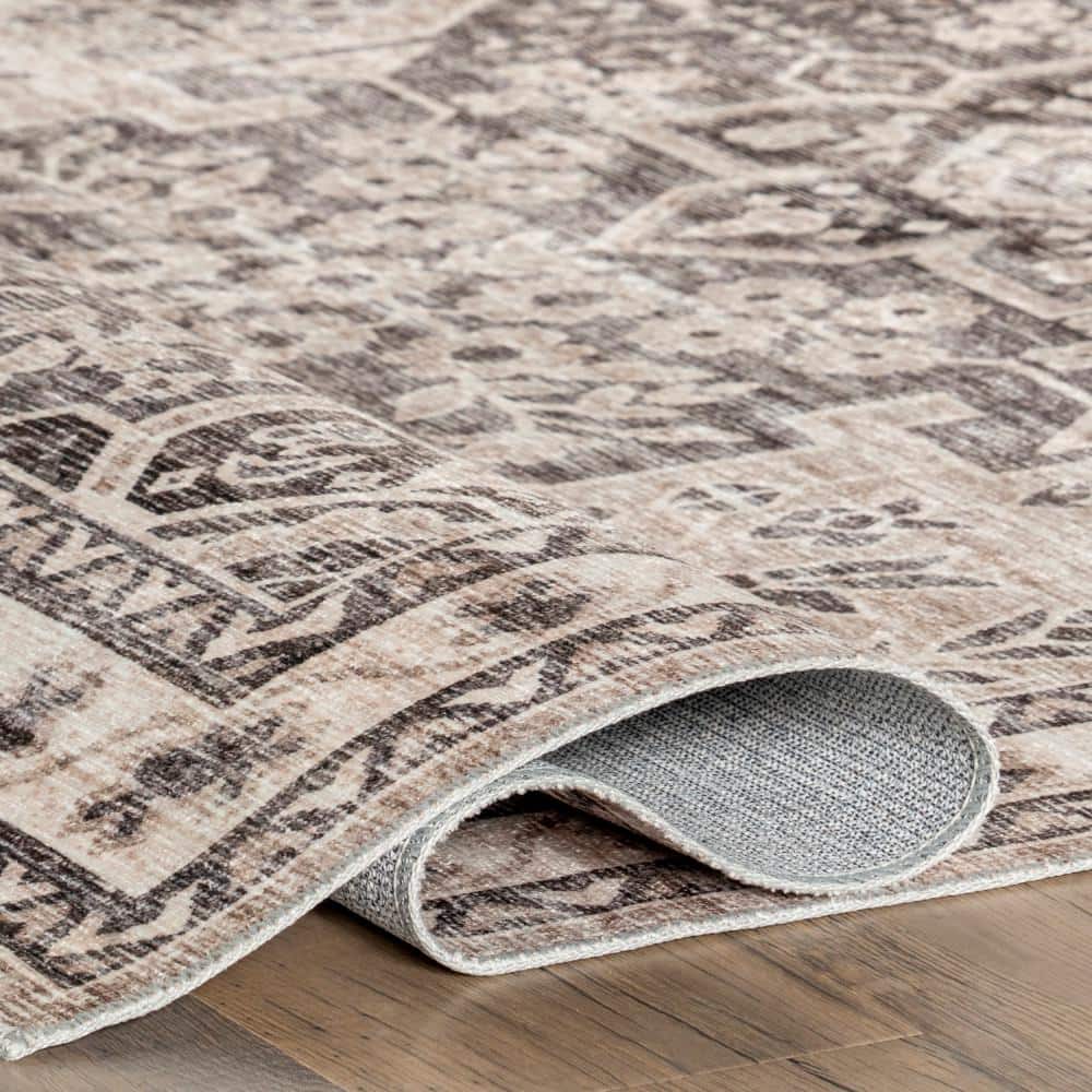Eira Taupe Medallion Washable Synthetic Area Rug