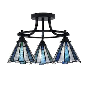 Madison 3-Light Semi-Flush Shown In Matte Black Finish With 17.5 in. Sea Ice Art Glass