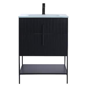 24 in. W x 18 in. D x 33.5 in. H Bath Vanity in Matte Black with Glass Single Hole Top with Black Hardware