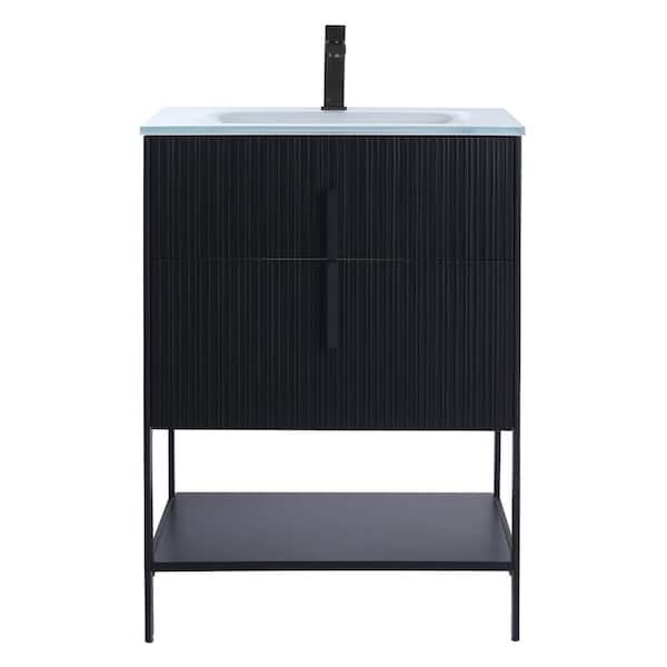24 in. W x 18 in. D x 33.5 in. H Bath Vanity in Matte Black with Glass Single Hole Top with Black Hardware