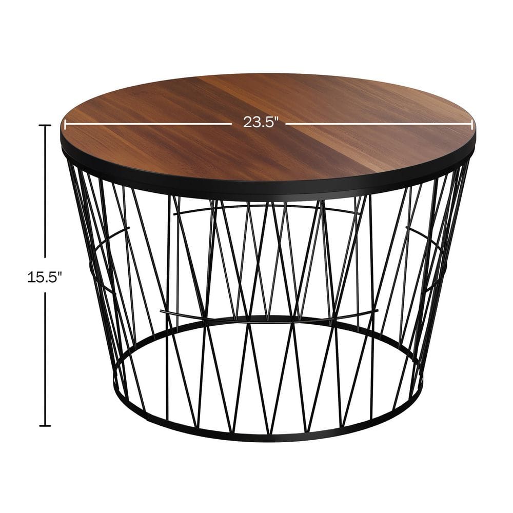 Mid-Century Modern Round Walnut & Black Coffee Table with Geometric Base