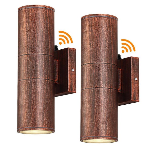 12 in. 2-Light Red Copper Cylinder Dusk to Dawn Outdoor Hardwired Wall Lantern Sconce with LED Lights (2-Pack)