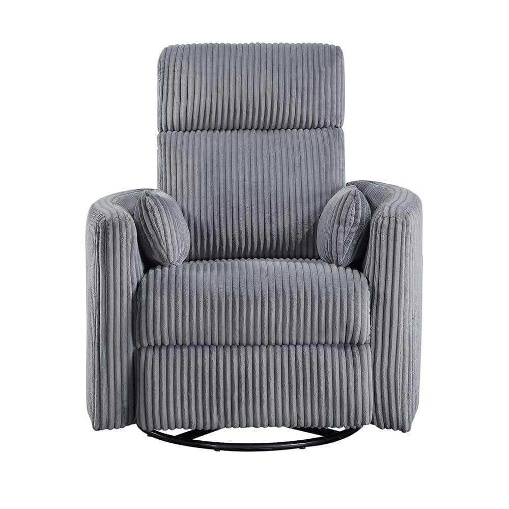 Gray Corduroy Swivel Glider Recliner with Wood Accents