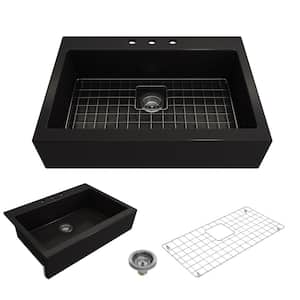 Nuova Matte Black Fireclay 34 in. Single Bowl Drop-In Apron Front Kitchen Sink with Protective Grid and Strainer