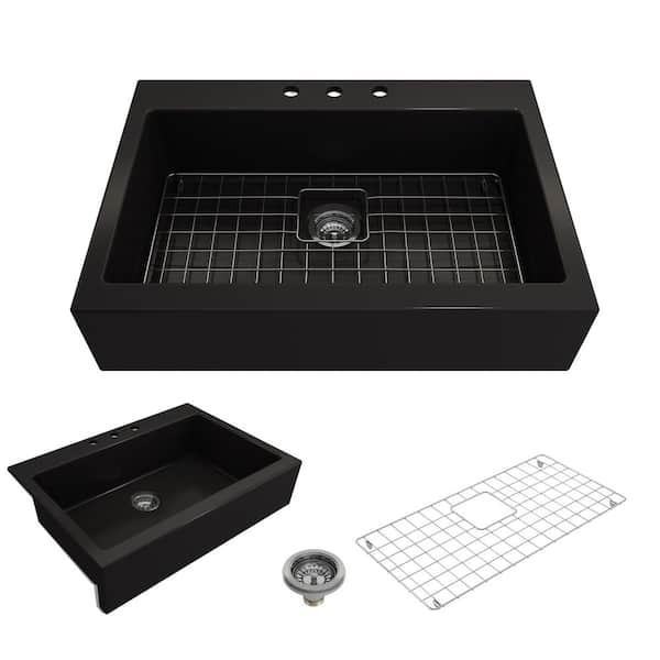 BOCCHI Nuova Matte Black Fireclay 34 in. Single Bowl Drop-In Apron Front Kitchen Sink with Protective Grid and Strainer
