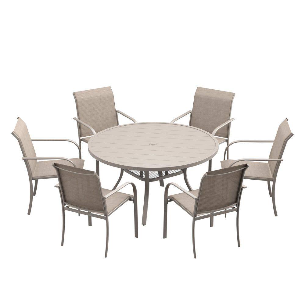 7-Piece Metal Outdoor Dining Set with Sandshell Round Table and 6 Sandshell Stackable Dining Chairs for 6 Person price history on PriceWatchPro