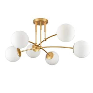 31.5 in. 6-Light Gold Modern Semi-Flush Mount with Frosted Glass Shade and No Bulbs Included 1-Pack