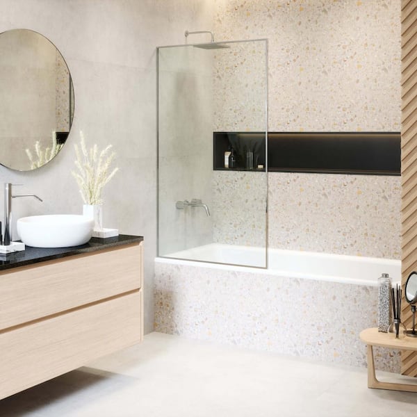 FINE FIXTURES 34.25 in. W x 58 in. H Fixed Tub Door Full Frame in Chrome Finish with Tempered Clear Glass
