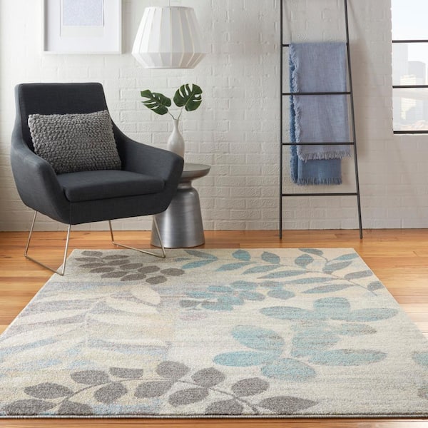 Tranquil Ivory/Light Blue 5 ft. x 7 ft. Floral Modern Area Rug
