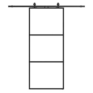 24 in. x 84 in. Full-Lite Tempered Clear Glass Black Metal Frame Interior Sliding Barn Door with Hardware Kit