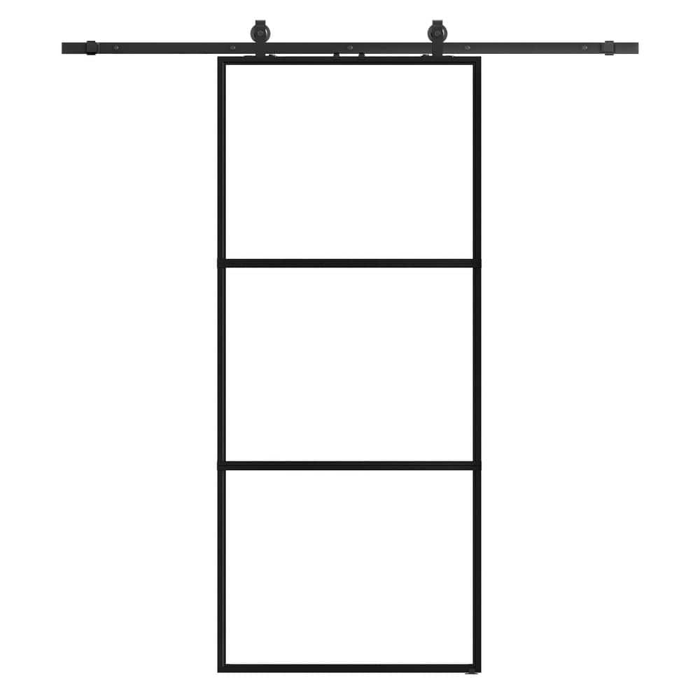 38 in. x 84 in. Full-Lite Tempered Clear Glass Black Metal Frame Interior S