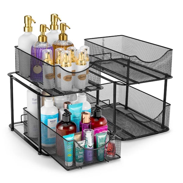 2-Tier Black Metal Under Sink Bathroom and Kitchen Organizers and Storage, 2 Pack Sliding Drawers