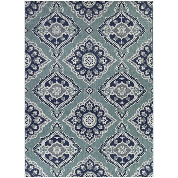 Oak Hill Aqua 8 ft. x 10 ft. Medallion Indoor/Outdoor Area Rug