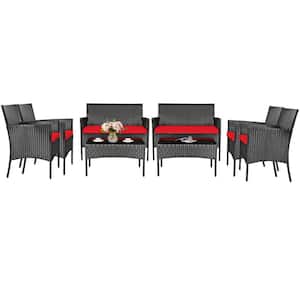 8-Piece Wicker Patio Conversation Set with Coffee Table and Red Cushions