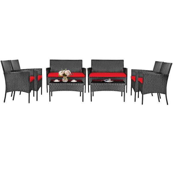 HONEY JOY 8-Piece Wicker Patio Conversation Set with Coffee Table and Red Cushions