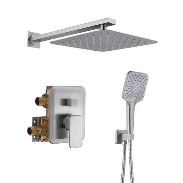 Dimakai 3-Spray Wall Mount Handheld Shower Head 1.8GPM 9.8in. Rain Shower Head with Pressure Balanced Valve in Brushed Nickel